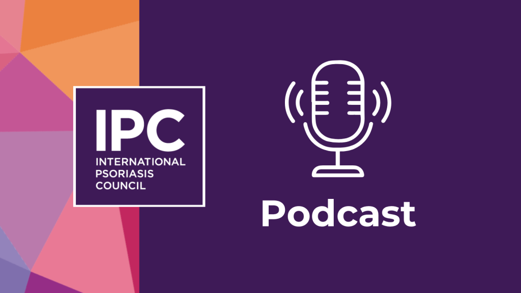 A graphic with the International Psoriasis Council (IPC) logo on the left and a white podcast microphone icon with the word “Podcast” on a purple background on the right. Geometric shapes in pink and orange are in the corner.