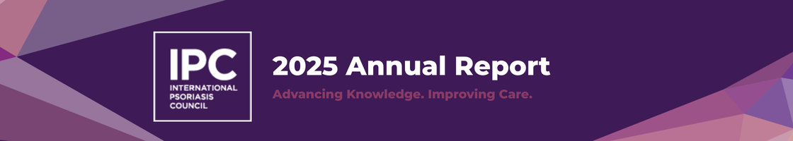 Banner with a purple geometric background displaying IPC Annual Report: International Psoriasis Council 2025 – Advancing Knowledge. Improving Care.