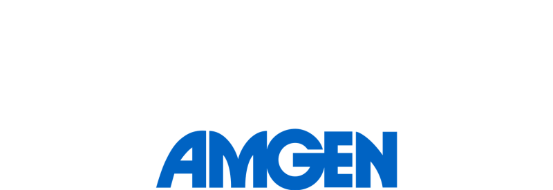 The image shows the AMGEN logo, with the company name AMGEN in bold, blue, uppercase letters on a white background, highlighting its collaboration with IPC partners.