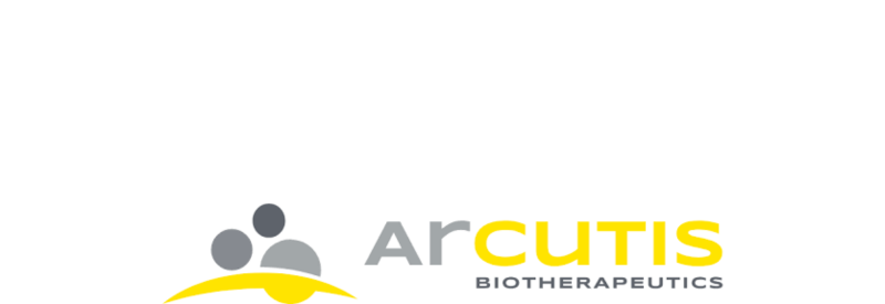 Logo for Arcutis Biotherapeutics, in collaboration with IPC partners, featuring the company name in gray and yellow text, plus three gray circles and a yellow curved line forming an abstract design above "arCUTIS.