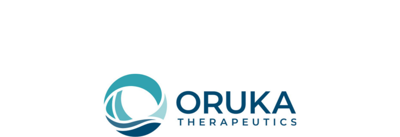 Logo for Oruka Therapeutics, created for IPC partners, featuring a circular design with wave and sail shapes in blue tones, placed to the left of the company name in bold blue text.