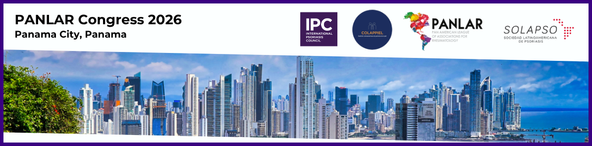 Panoramic view of the Panama City skyline with tall modern buildings, promoting the PANLAR Congress 2026 in Panama City. Highlights include a focus on Psoriatic Arthritis. Logos of IPC, PANLAR, and SOLAPSO are displayed at the top.