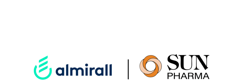 Logos of two pharmaceutical companies and IPC partners: on the left, the Almirall logo with a turquoise icon and navy text; on the right, the Sun Pharma logo with an orange circular icon and black text.