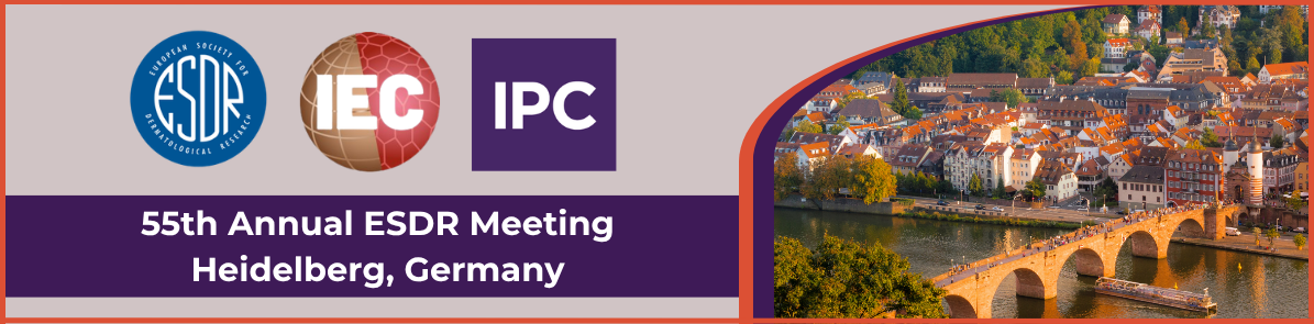Banner with ESDR, IEC, and IPC logos on the left, highlighting eczema research at the 55th Annual ESDR Meeting Heidelberg, Germany. A photo on the right shows Heidelberg with the Neckar River and historic stone bridge.