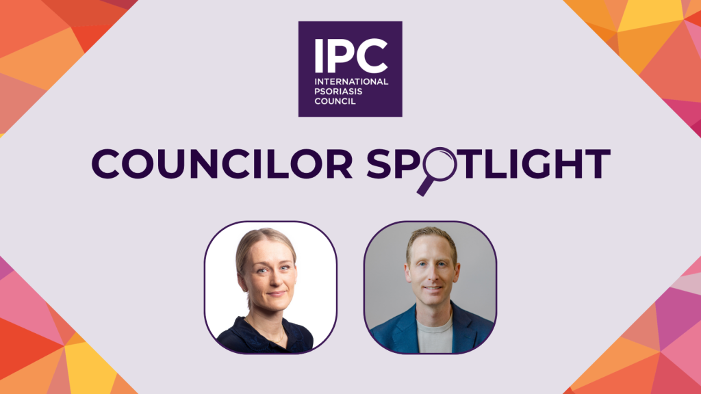 Banner for the International Psoriasis Council featuring the text Councilor Spotlight, with headshots of IPC Councilors—a woman and a man—in separate frames below. The background showcases colorful geometric patterns in the corners.