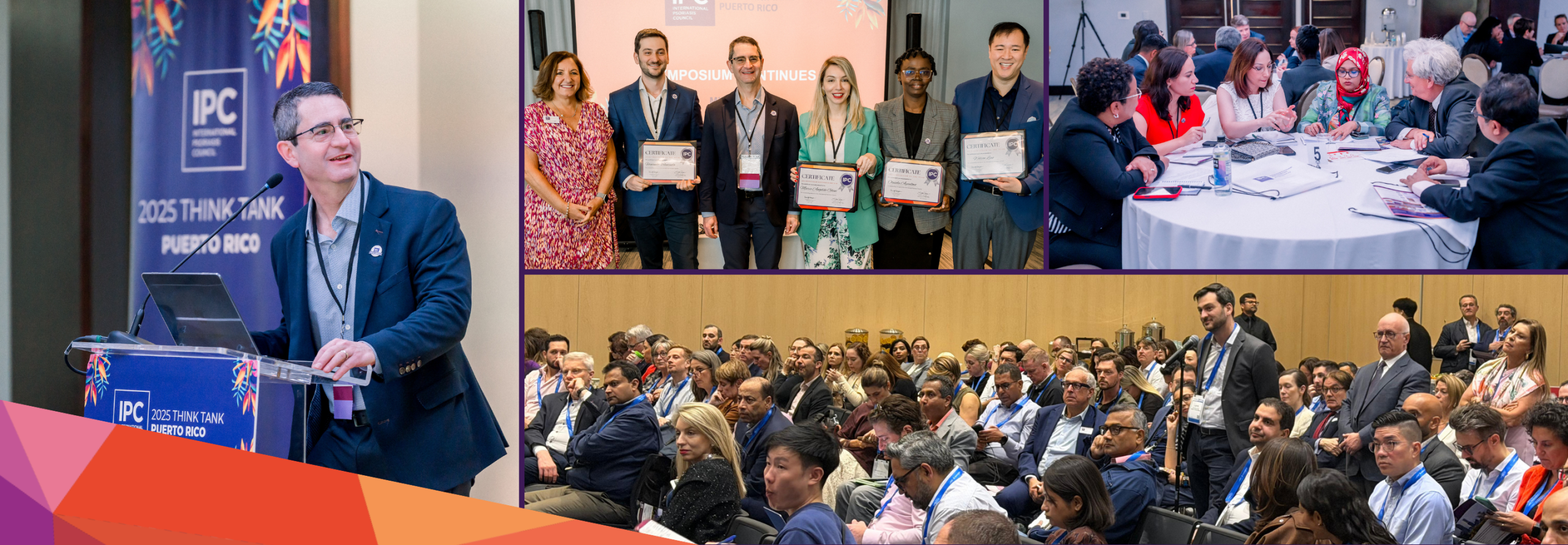 A collage shows a man speaking at a podium, psoriasis experts holding certificates, participants in a roundtable discussion, and a large audience listening at the 2025 IPC Think Tank event.
